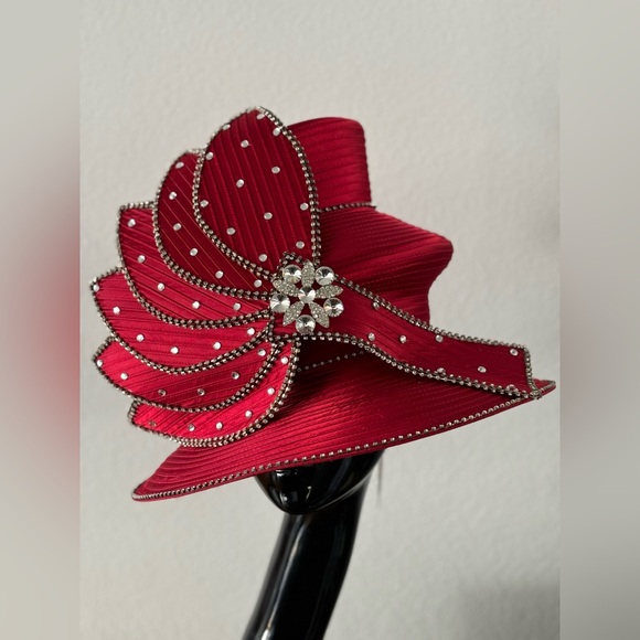 Donna Vinci Couture Red Two Tier Hat with Rhinestones - Picture 8 of 13